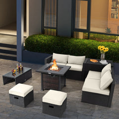 9 Pieces Patio Furniture Set with 32” Fire Pit Table and 50000 BTU Square Propane Fire Pit