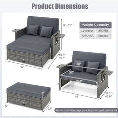 Patio Wicker Loveseat Sofa with Multipurpose Ottoman and Retractable Side Tray