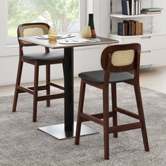 Wood Bar Chairs with PE Rattan Backrest Padded Seat and Footrest-Brown