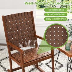 Patio Wood Rocking Chair with PU Seat and Rubber Wood Frame-Brown