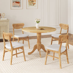 Wooden Dining Table with Round Tabletop and Curved Trestle Legs-Natural