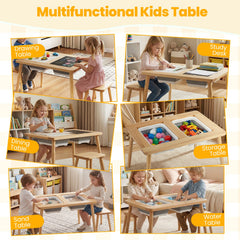 Wooden Kids Activity Table Set with 2 Foldable Storage Bins-Natural