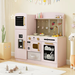 Wooden Kids Kitchen Playset with Chalkboard Ice Maker Sink Lighted Microwave-Pink