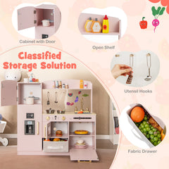 Wooden Kids Kitchen Playset with Chalkboard Ice Maker Sink Lighted Microwave-Pink