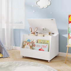Wooden Mobile Toy Storage Organizer with Bookshelf and Lockable Wheels