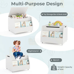 Wooden Mobile Toy Storage Organizer with Bookshelf and Lockable Wheels