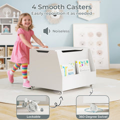Wooden Mobile Toy Storage Organizer with Bookshelf and Lockable Wheels