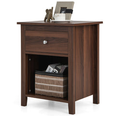 Wooden Nightstand with Slide-out Drawer and Open Shelf