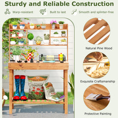 Wooden Potting Bench Table Garden Planting Workstation with 3-Tier Open Shelf