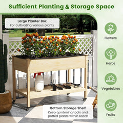 Wooden Raised Garden Bed with Legs and Lockable Wheels-Natural