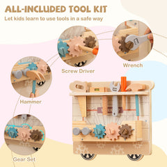 Wooden Sensory Wall Panel with Vanity and Tool Box