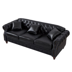 85.8' Living Room Chesterfield Sofa Classic Tufted Design Faux Leather PU Upholstered Sofa with Storage (Black)