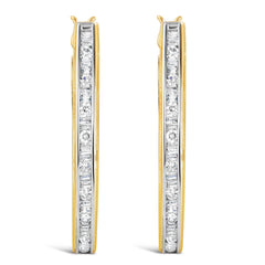 10K Yellow Gold 1.00 Cttw Round and Baguette-Cut Diamond U-Hoop Earrings (H-I Color, SI2-I1 Clarity)