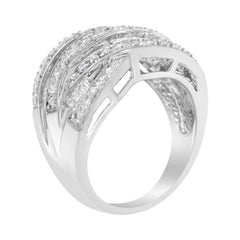 .925 Sterling Silver 1.0 Cttw Channel Set Alternating Round and Baguette Diamond Cross-over Bypass Ring Band (I-J Color, I2-I3 Clarity) - Size 7
