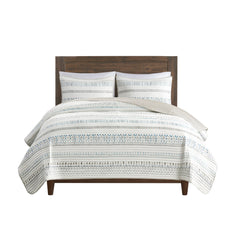 3 Piece Printed Microfiber Seersucker Quilt Set Taupe/Blue Full/Queen