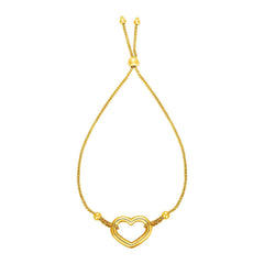 Adjustable Bracelet with Shiny Open Heart in 14k Yellow Gold