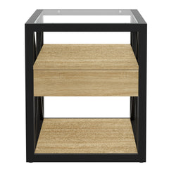 1 Piece Modern End Table with Drawer - Natural Wood & Tempered Glass