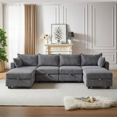 113.5'' Modular Sectional Corduroy Sofa with Storage Ottoman