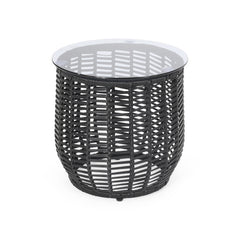 Boho ARIAS Side Table with Tempered Glass Top and Rattan Wrap, Black, 15.5 inches