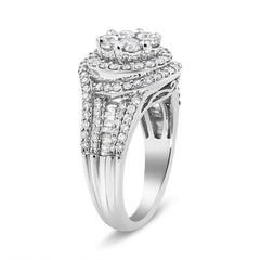 14K White Gold 1 1/2 Cttw Diamond Floral Cluster and Studded Shank Halo Ring (H-I Color, SI2-I1 Clarity) - Ring Size 7