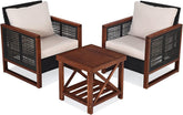 3 Pieces Outdoor Patio Furniture Set Wicker Chairs with Coffee Table, Balcony Porch Furniture Bistro Set with Wood Frame and Washable Cushions for Garden Poolside Backyard