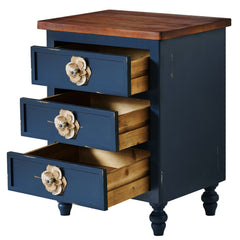 Rustic Dark Blue 3-Drawer Wooden Cabinet with Aged Finish & Floral Handles