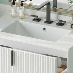 White Fluted Bathroom Vanity with Ceramic Sink and Soft Close Drawers