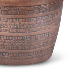 Johnsen 15 Inch Wide Tribal Pattern Metal Accent Table in Antique Copper