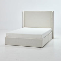 Caron Upholstered Wingback Bed with 52.3' High Headboard in Textured Ivory Canvas Chenille, King Size
