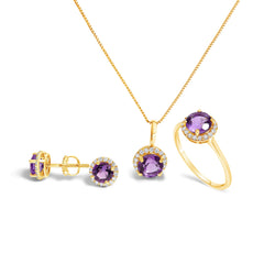 10K White Gold Purple Amethyst and 3/8 Cttw Diamond Halo Jewelry Set (Earrings, Pendant & Ring)