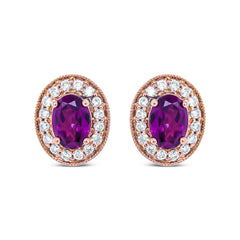 14K Rose Gold 7x5mm Oval Cut Garnet and 3/8 Cttw Round Diamond Halo Stud Earrings (G-H Color, SI1-SI2 Clarity)