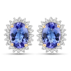 1.71 Carat Genuine Tanzanite and White Diamond 14K Yellow Gold Earrings