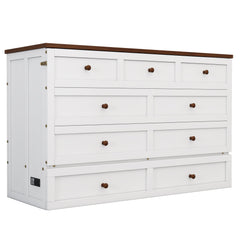 Solid Pine Murphy Bed Chest with Charging Station and Large Storage Drawer - Queen