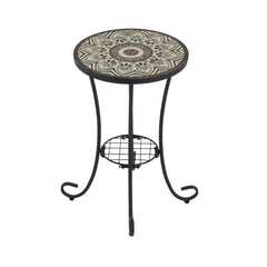 Ceramic Tile and Iron Patio Side Table with Shelf, Brown and Black