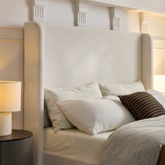 Caron Upholstered Wingback Bed with 52.3' High Headboard in Textured Ivory Canvas Chenille, King Size