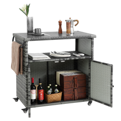 Outdoor Wicker Bar Cart with Glass Top and Wheels