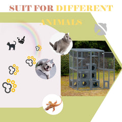 Grey Pine Wood Outdoor Cat House with Shelves and Weather Protection