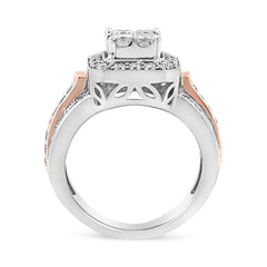 14K White and Rose Gold 1 1/8 Cttw Princess and Round-Cut Diamond Art Deco Style Triple Shank Halo Cocktail Ring (I-J Color, SI2-I1 Clarity) - Size 7