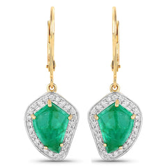 6.40 Carat Genuine Colombian Emerald and White Diamond 14K Yellow Gold Earrings
