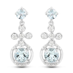 4.42 Carat Genuine Aquamarine and White Zircon .925 Sterling Silver Earrings