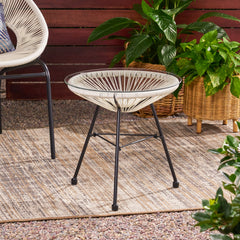 Modern NUSA Side Table with Tempered Glass Top and Polyethylene Rattan Base in White