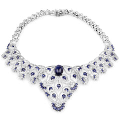 40.93 Carat Genuine Glass Filled Sapphire and White Diamond .925 Sterling Silver Necklace