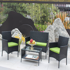 4 PC Rattan Patio Furniture Set Outdoor Cushioned Wicker Sofa Green Cushion