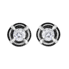 Black Rhodium Plated .925 Sterling Silver Round 1-1/2 cttw Diamond Double Halo 4-Prong Solitaire Milgrain Stud Earrings (H-I Color, I2-I3 Clarity)