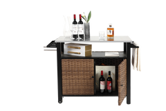 Outdoor Kitchen Wicker Island Rolling Cart & Storage Cabinet Brown