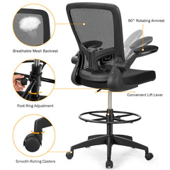 Height Adjustable Drafting Chair with Flip Up Arms-Black