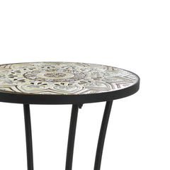 Ceramic Tile and Iron Patio Side Table with Shelf, Brown and Black