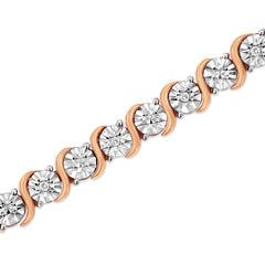 14K Rose Gold Plated .925 Sterling Silver 1/10 Cttw Diamond Round Miracle Plate and "S" Link Tennis Bracelet (I-J Color, I2- I3 Clarity) - 7"