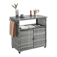 Outdoor Wicker Bar Cart with Glass Top and Wheels