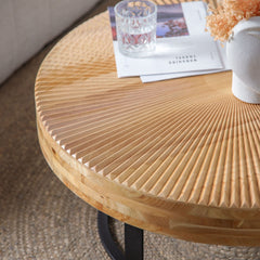 Modern Round Coffee Table with Wooden Carving Pattern and Metal Legs